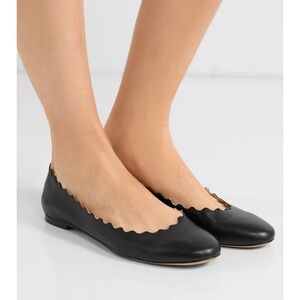 Chloe Black Scalloped Edge Leather Ballet Flats